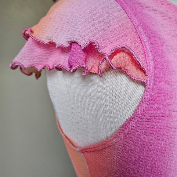 Vintage Y2K Wild Cat Ombre Ruched V Neck Cap Sleeve Lettuce Hem Top Womens L - Picture 3 of 8